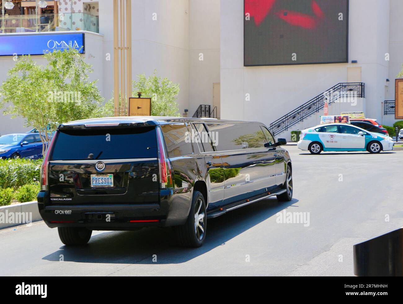 Rear view of a stretched black General Motors Cadillac Escalade ESV Fourth Generation limousine car arriving to Las Vegas Strip Las Vegas Nevada USA Stock Photo