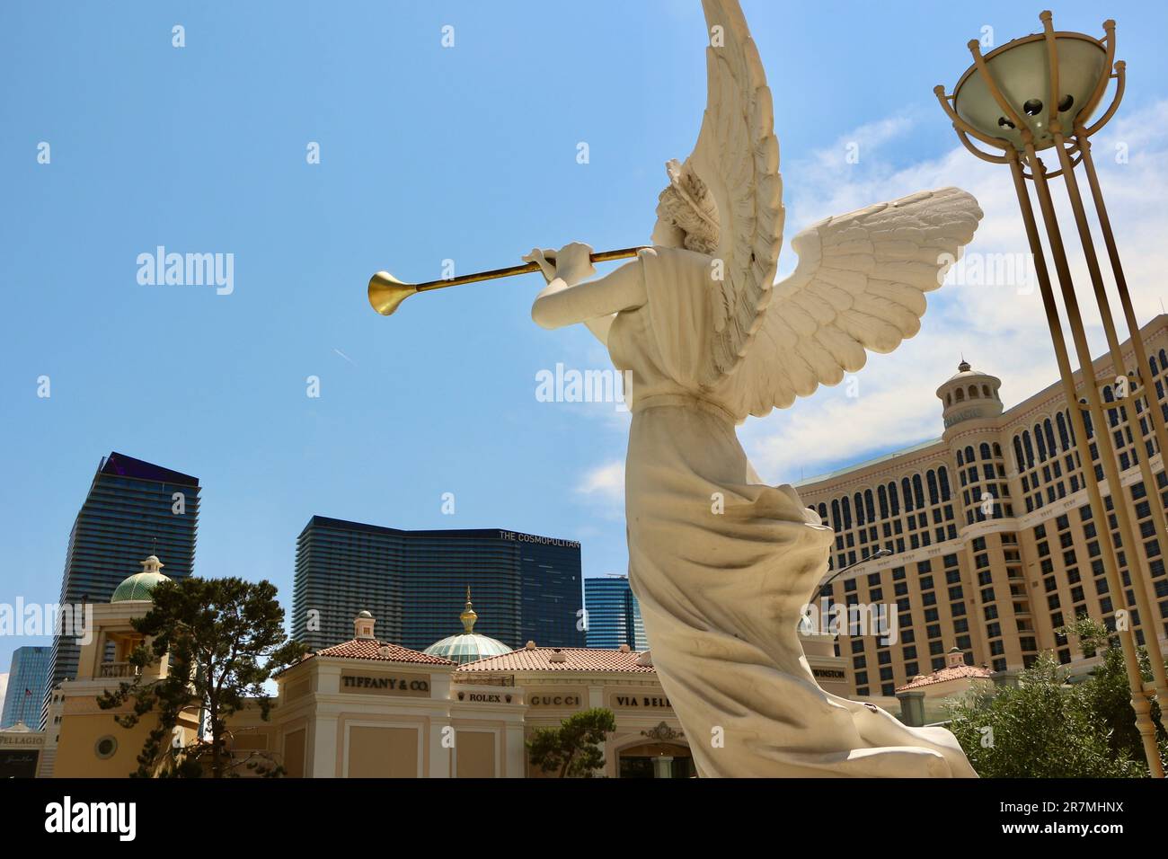 White angel statue holding a trumpet Caesars Palace hotel and casino Las Vegas Nevada USA Stock Photo