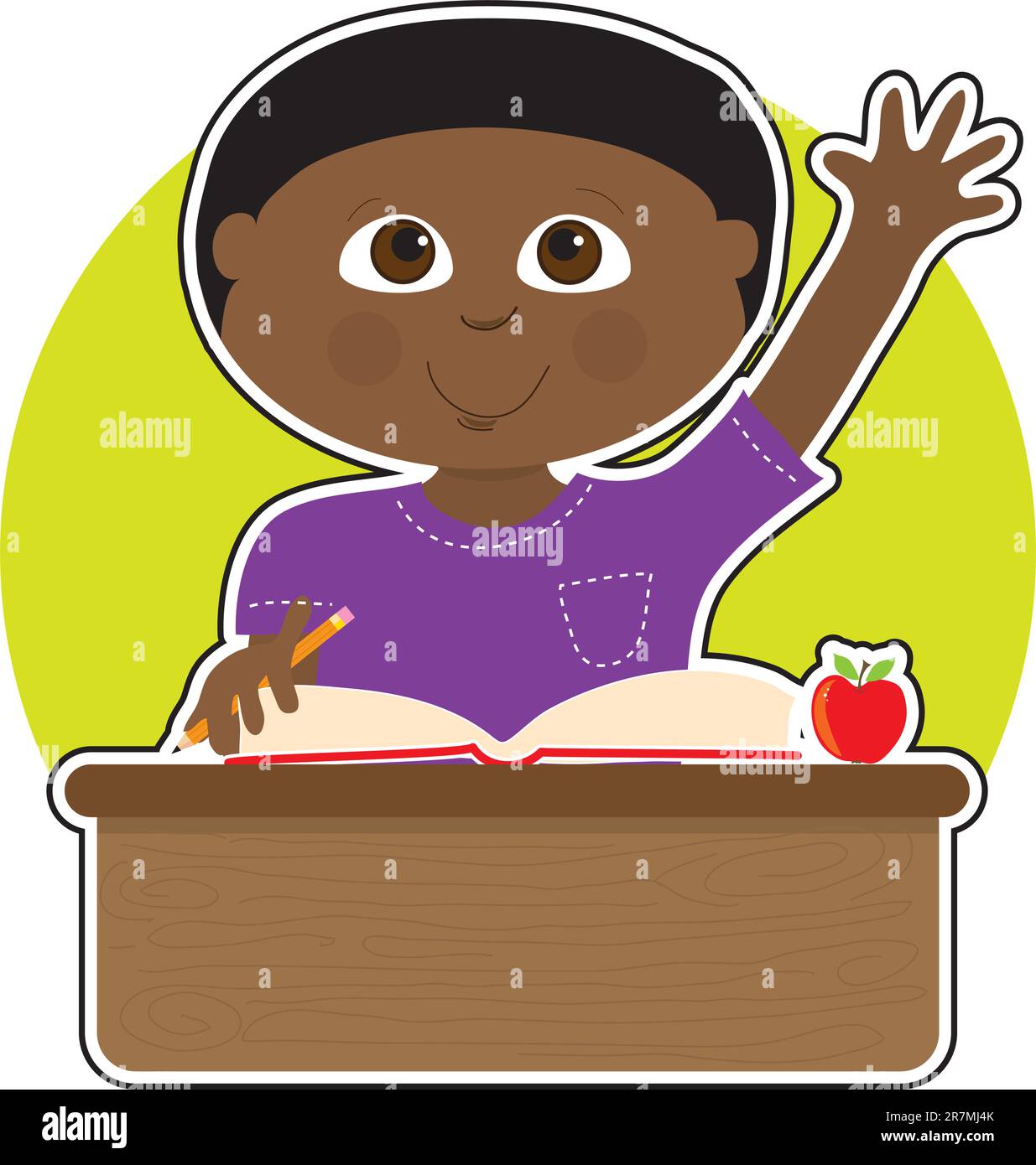 A little Black boy is raising his hand to answer a question in school