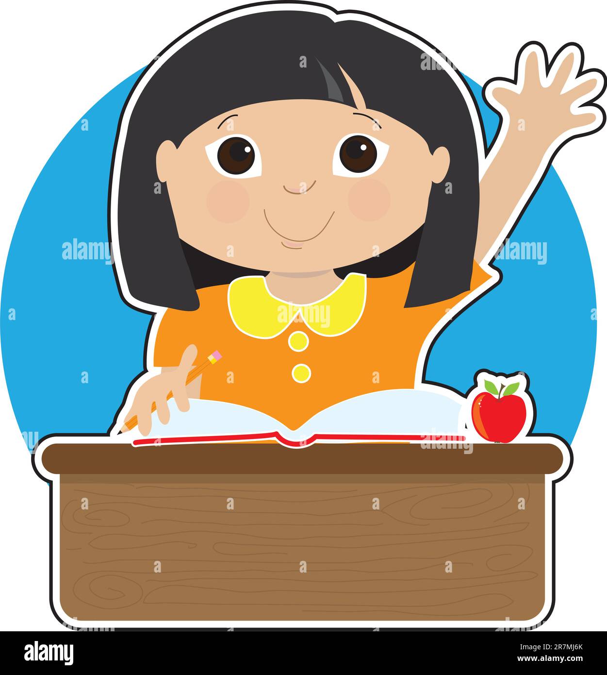 A little Asian girl is raising her hand to answer a question in school - there is a book and an apple on her desk Stock Vector