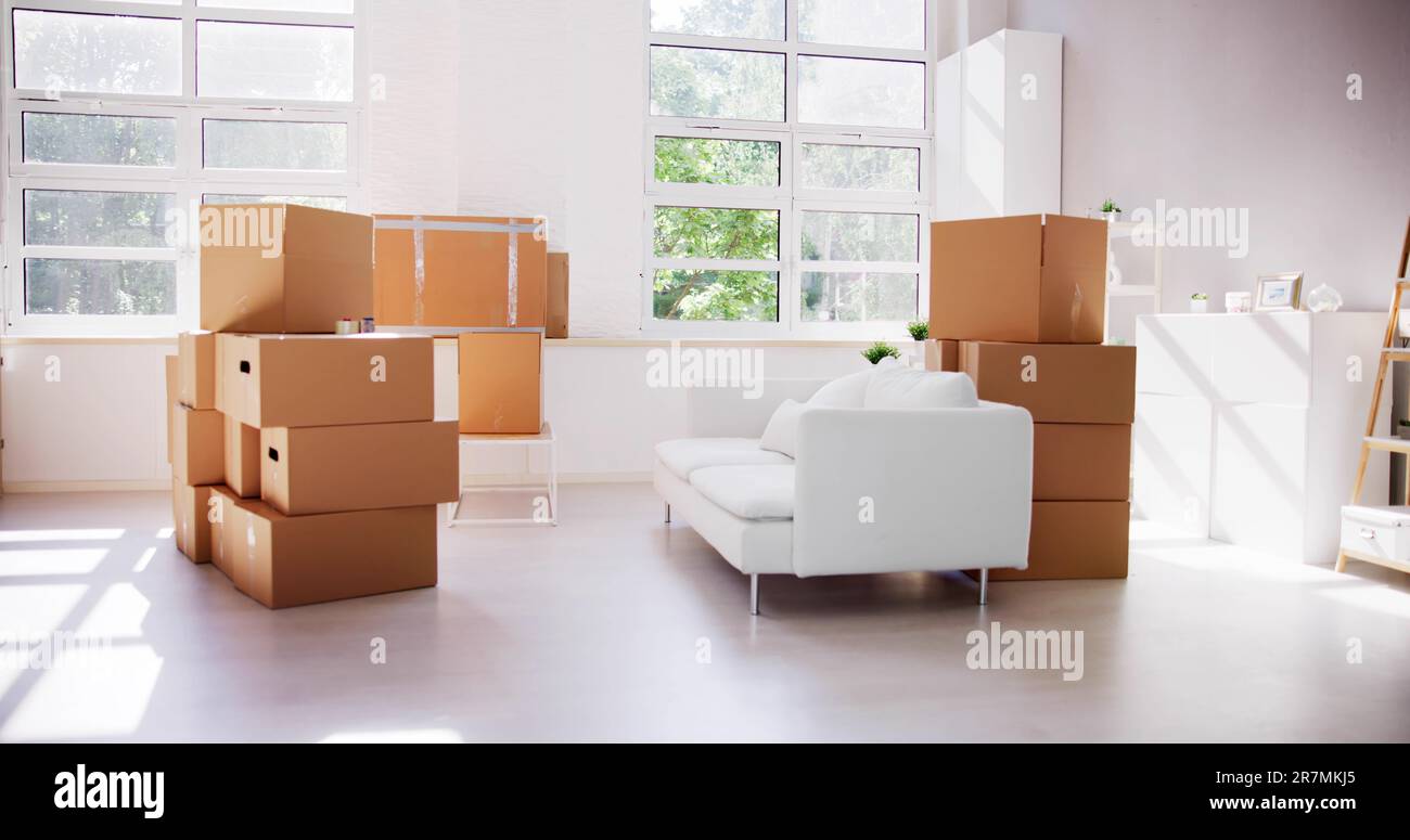 Residential Living Room Relocation. Moving Furniture And Delivery Boxes