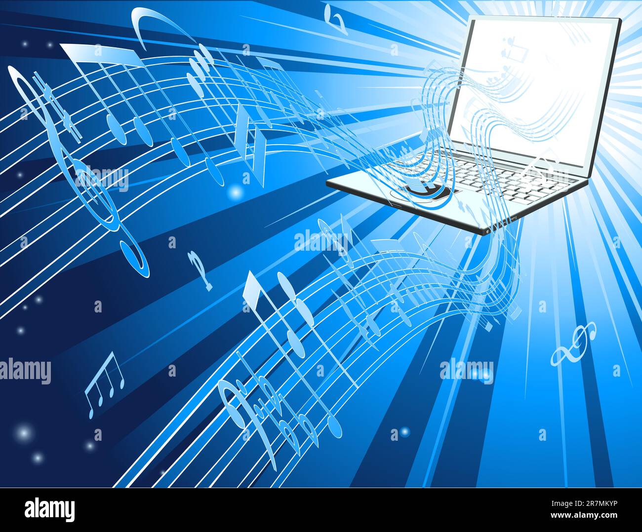 Blue laptop computer music background with musical notes streaming out of laptop Stock Vector