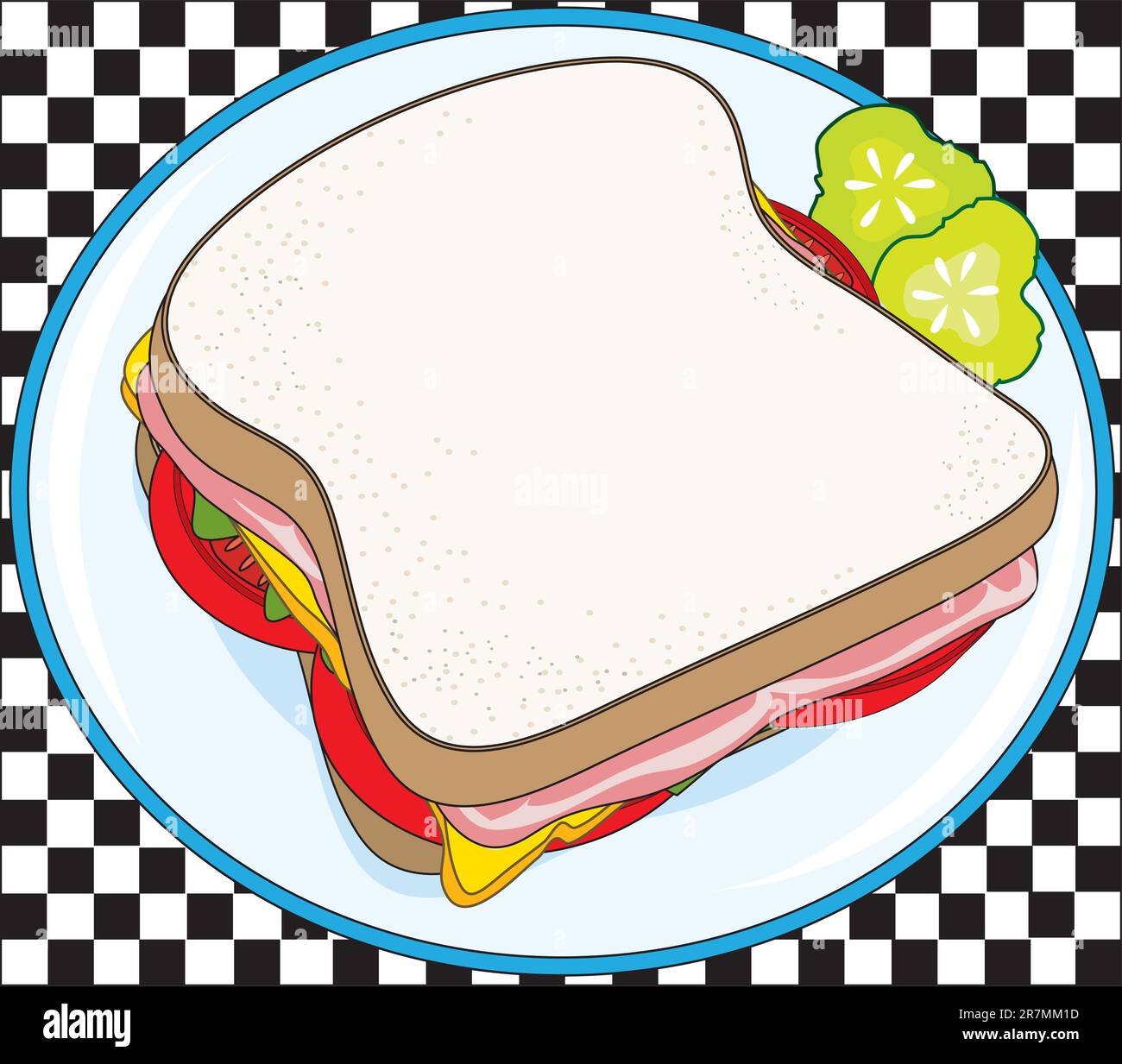 A deli sandwich on a plate with some pickle slices Stock Vector