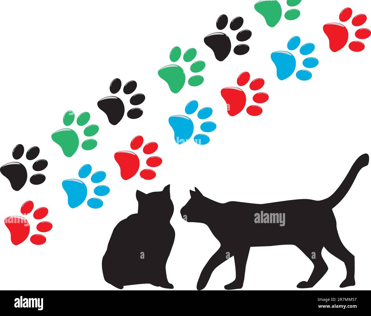 vector illustration of cats silhouettes and cats paws Stock Vector