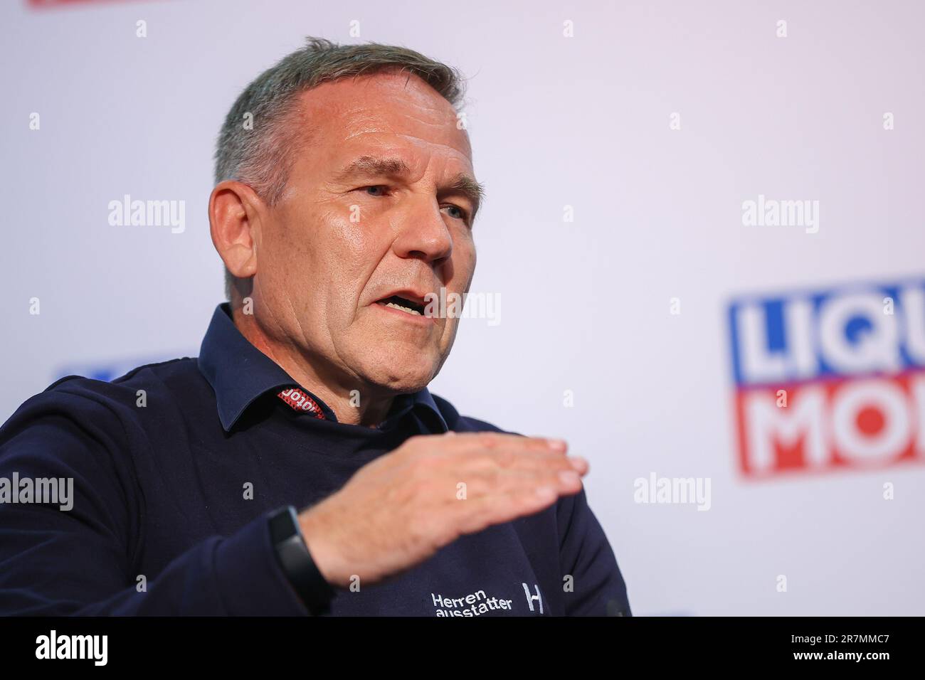 Hohenstein Ernstthal, Germany. 16th June, 2023. Motorsport/Motorcycle, German Grand Prix at the Sachsenring. Thomas Voss, ADAC Head of Motorsport, sits in a press conference on Motorsport Team Germany. Credit: Jan Woitas/dpa/Alamy Live News Stock Photo