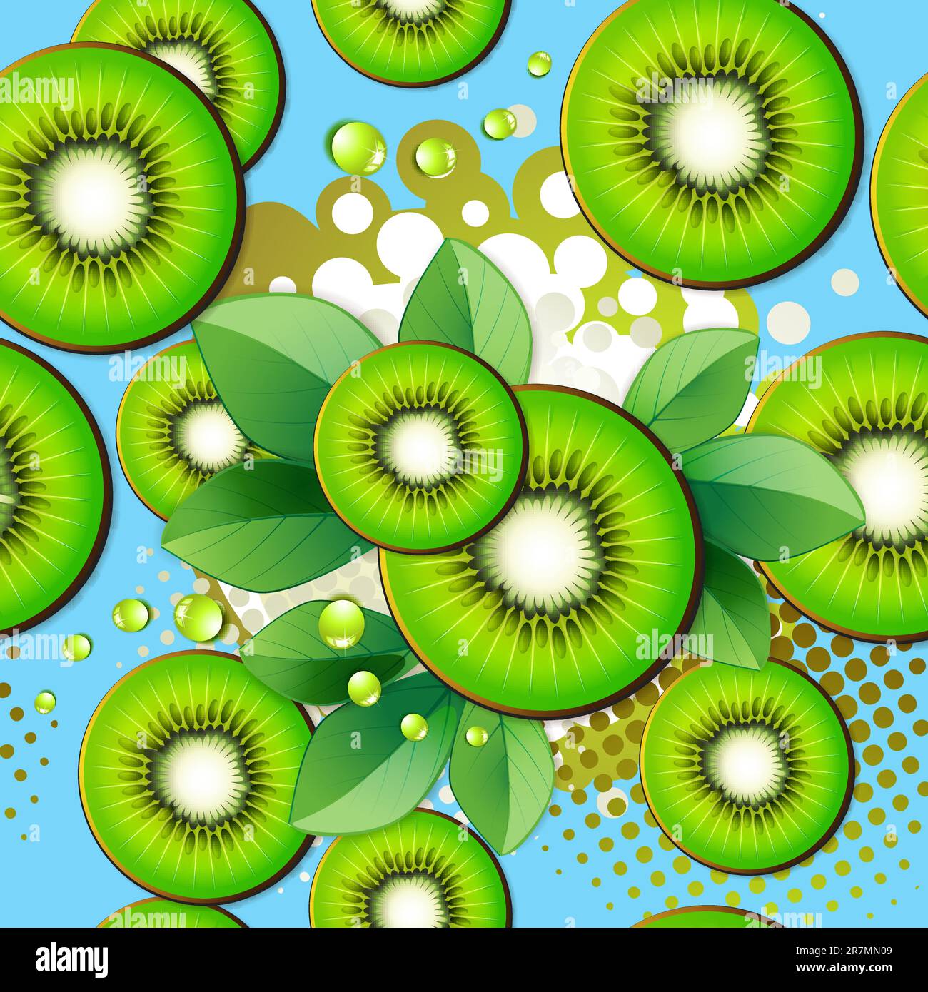Seamless pattern with kiwi slices over colored background Stock Vector