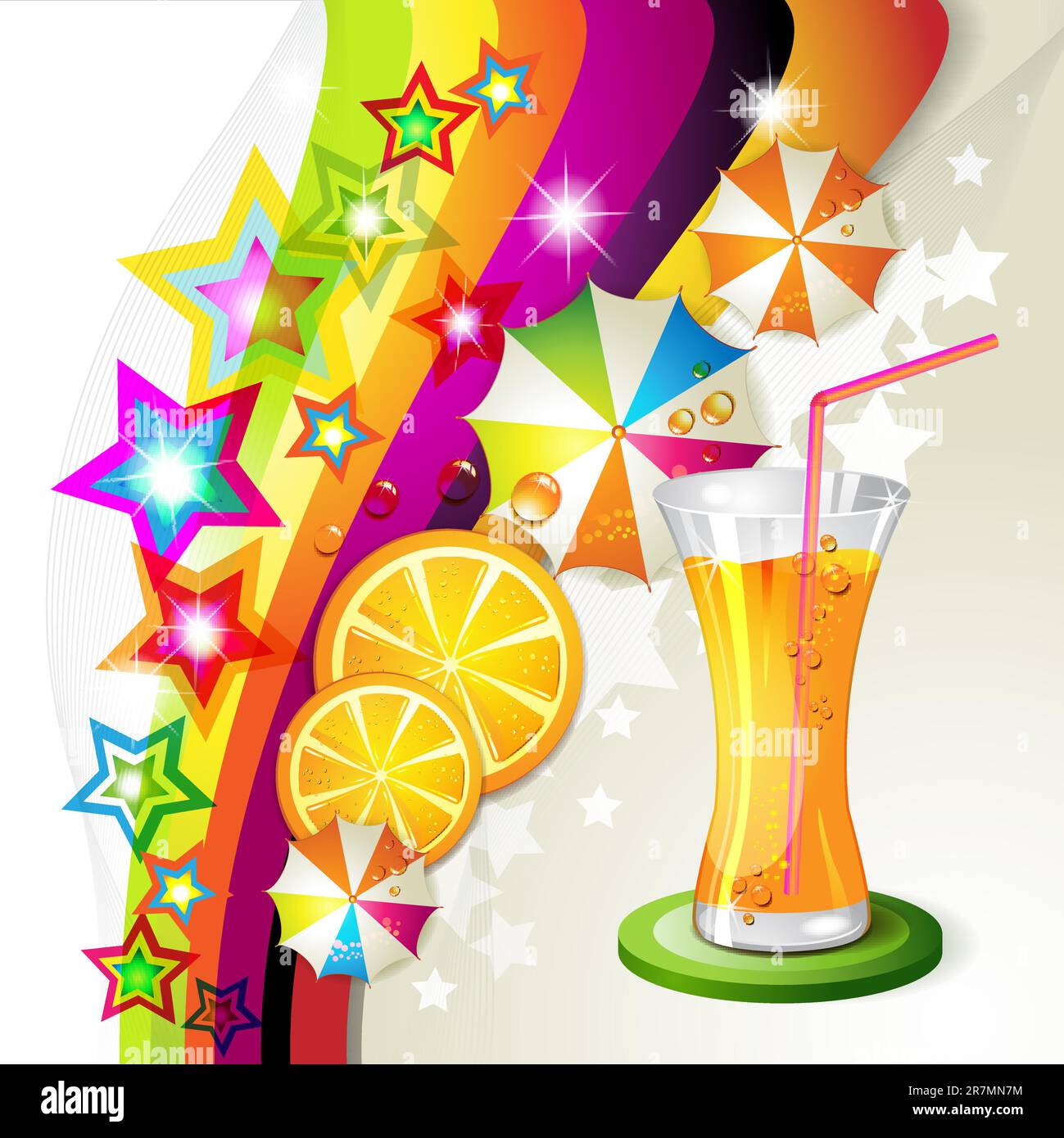 Glass of orange juice with slices orange over colored background Stock Vector