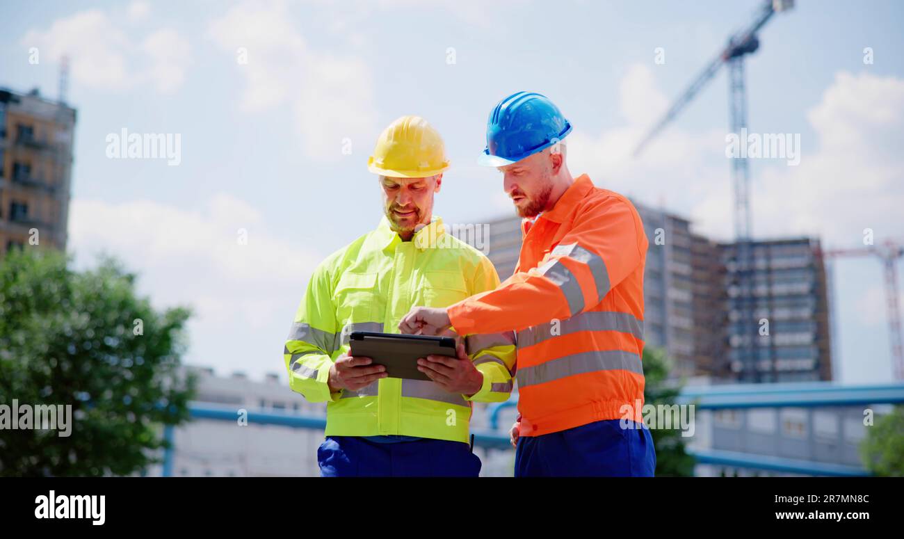OSHA Inspector At Construction Site. Engineer Workers Stock Photo