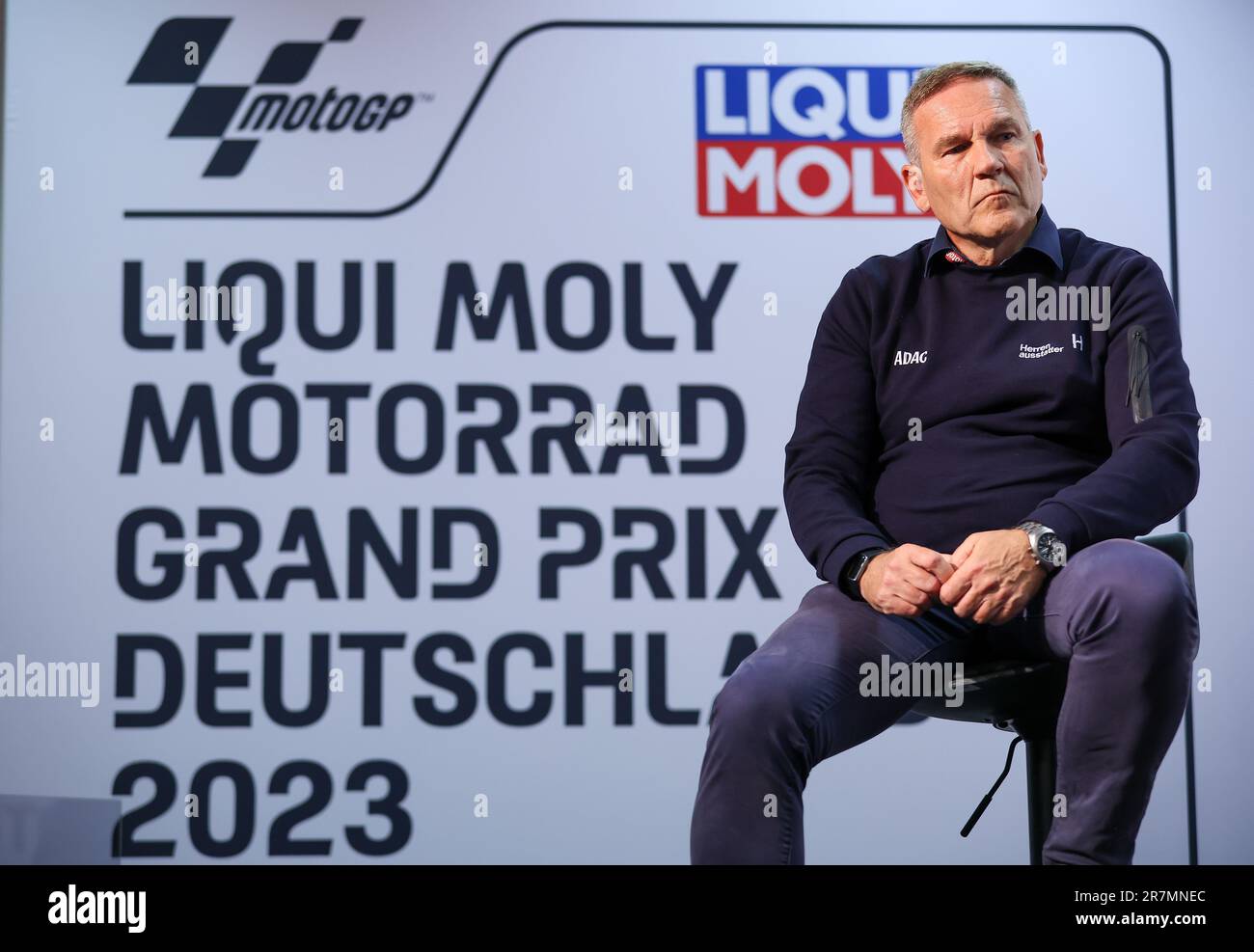 Hohenstein Ernstthal, Germany. 16th June, 2023. Motorsport/Motorcycle, German Grand Prix at the Sachsenring. Thomas Voss, ADAC Head of Motorsport, sits in a press conference on Motorsport Team Germany. Credit: Jan Woitas/dpa/Alamy Live News Stock Photo