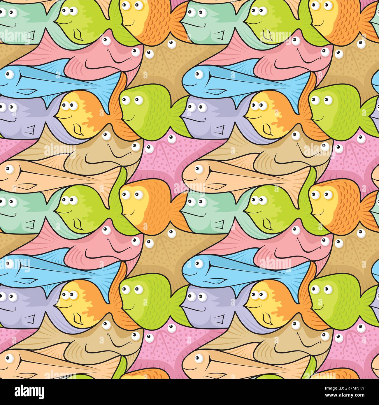 Seamless pattern background of colorful happy, smiling fish cartoons. Stock Vector