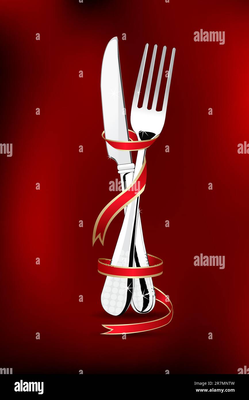 illustration of spoon and fork wrapped in ribbon on abstract background