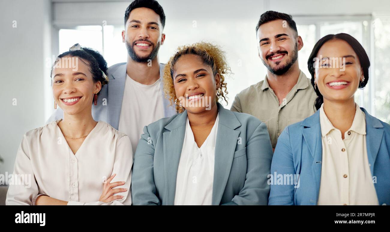 Business people, teamwork and arms crossed in office with diversity ...