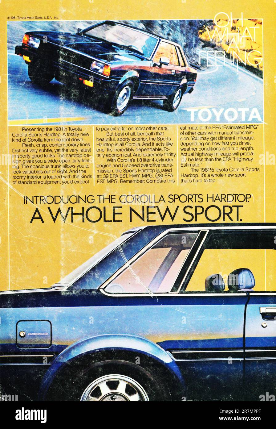 Toyota Corolla Sports Hardtop advert in a magazine 1981 Stock Photo