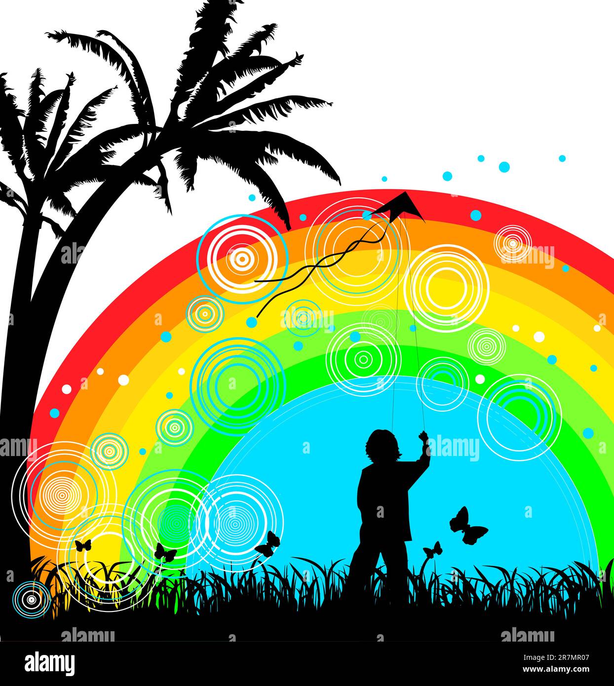 Background with Boy flying a kite Stock Vector