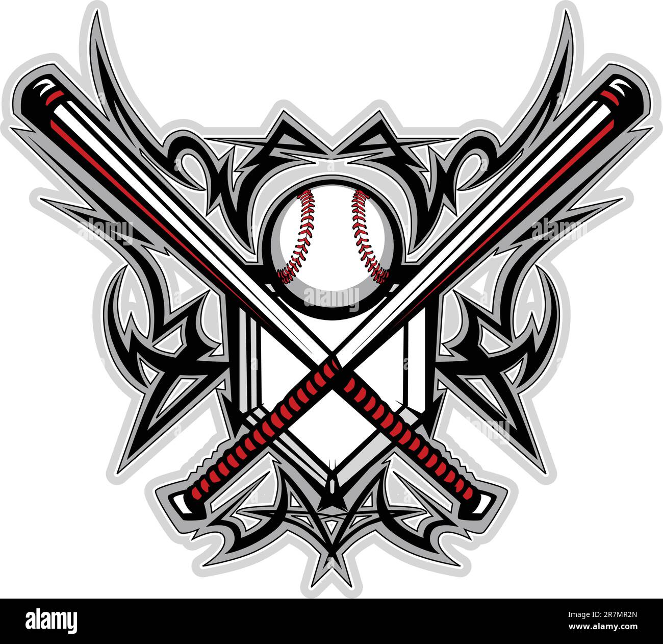 Vector Graphic of a Baseball Bats, Baseball, and Home Plate with Tribal Borders Stock Vector