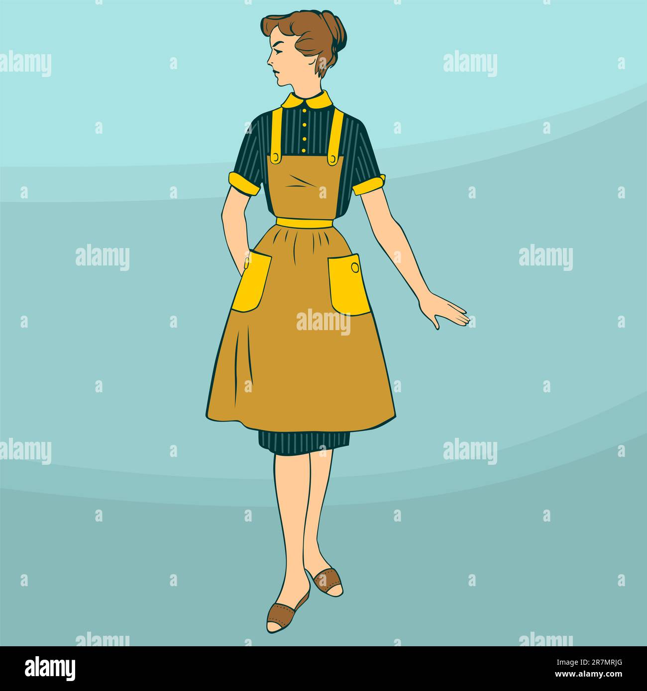 Stereotypical housewife on light blue background Stock Vector