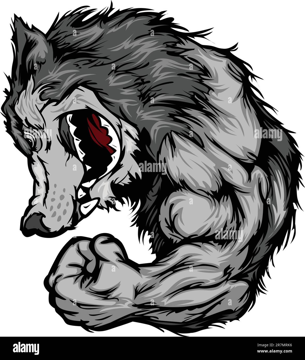 Cartoon Vector Image of a Wolf Mascot Growling and Flexing Arm Stock Vector