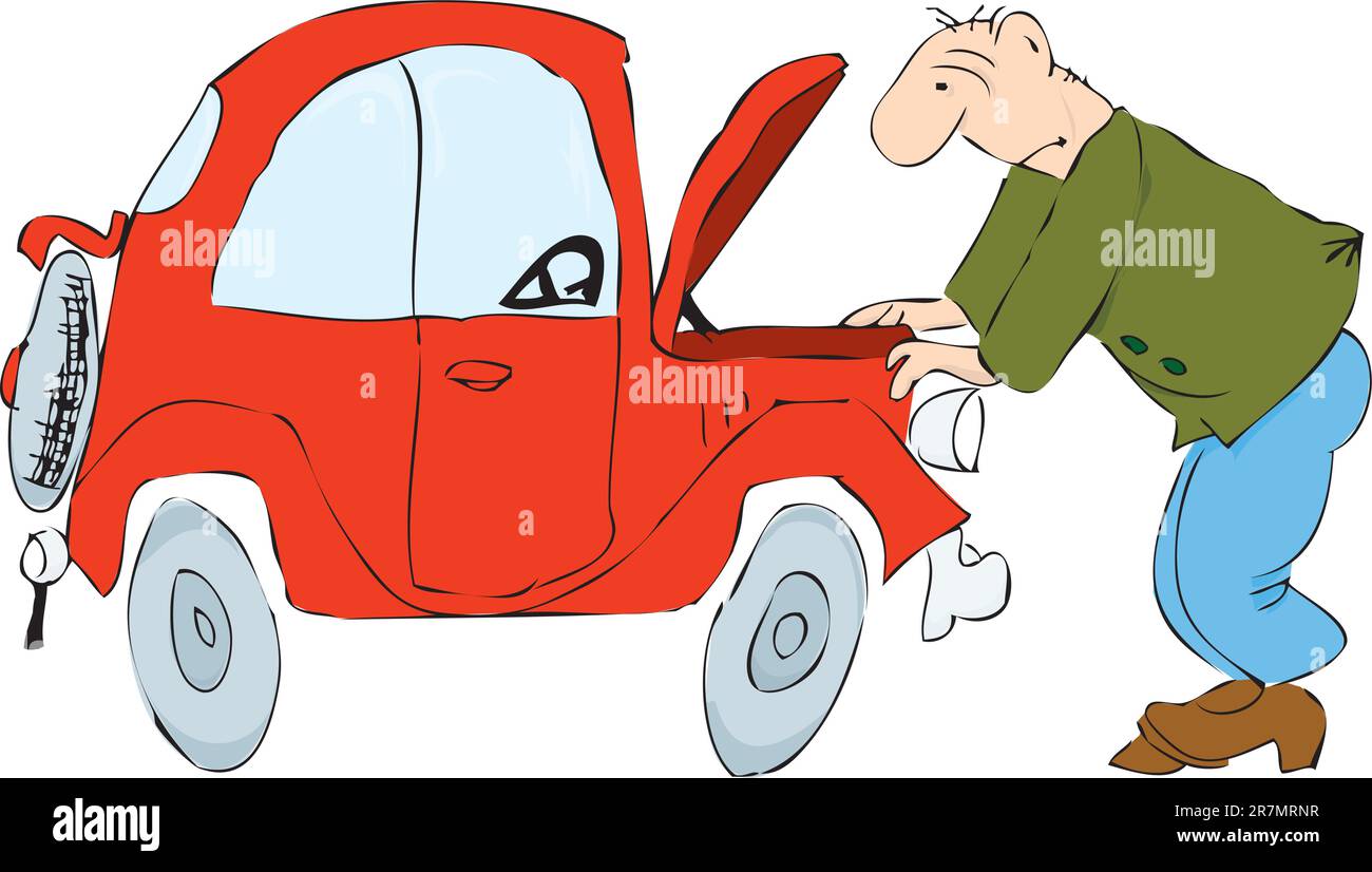 The man in front of the open hood of the car. Vector illustration of