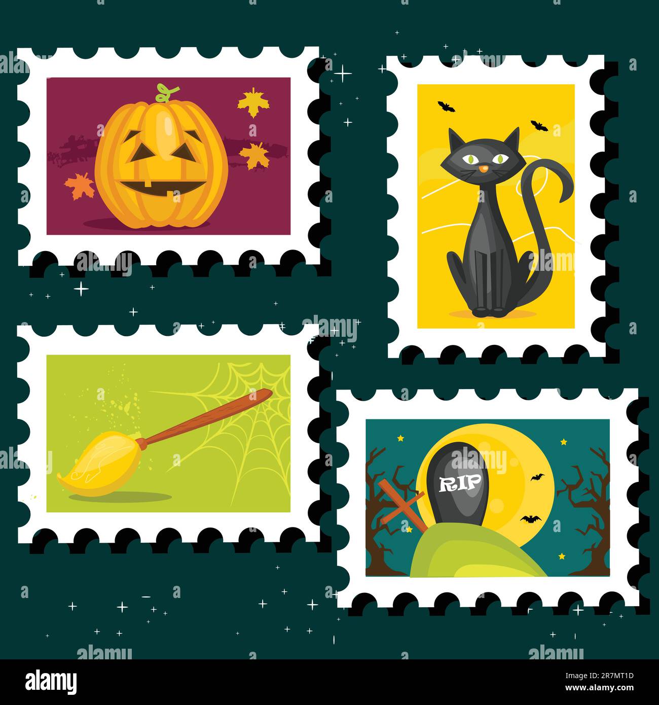 Halloween postal stamps, vector illustration Stock Vector Image & Art