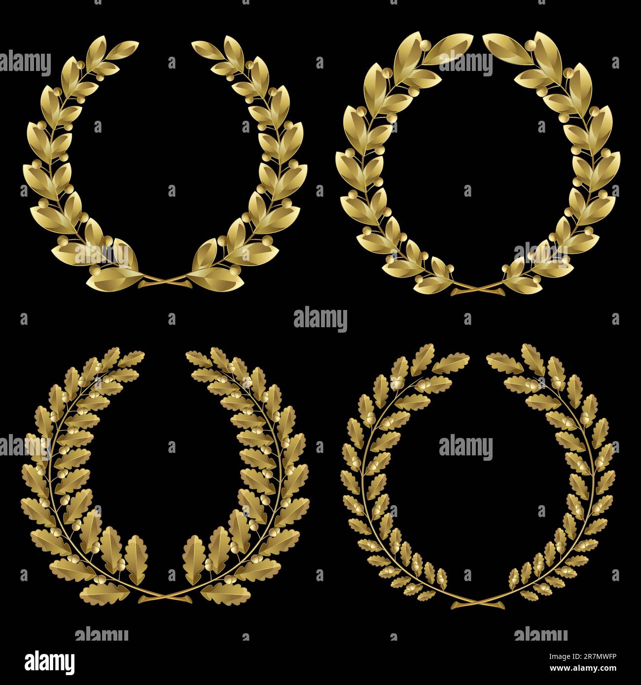 Set from gold laurel and oak wreath on the black background Stock ...