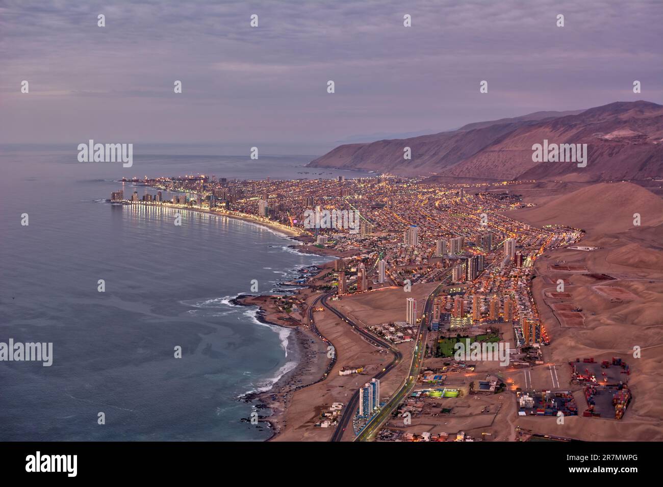 Panoramic elevated view of the coastal city of Iquique in northern Chile Stock Photo