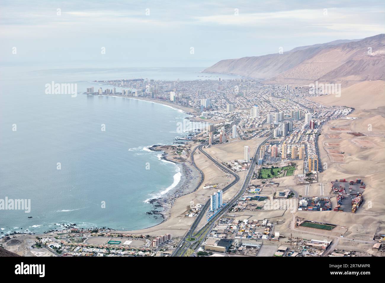 Panoramic elevated view of the coastal city of Iquique in northern Chile Stock Photo