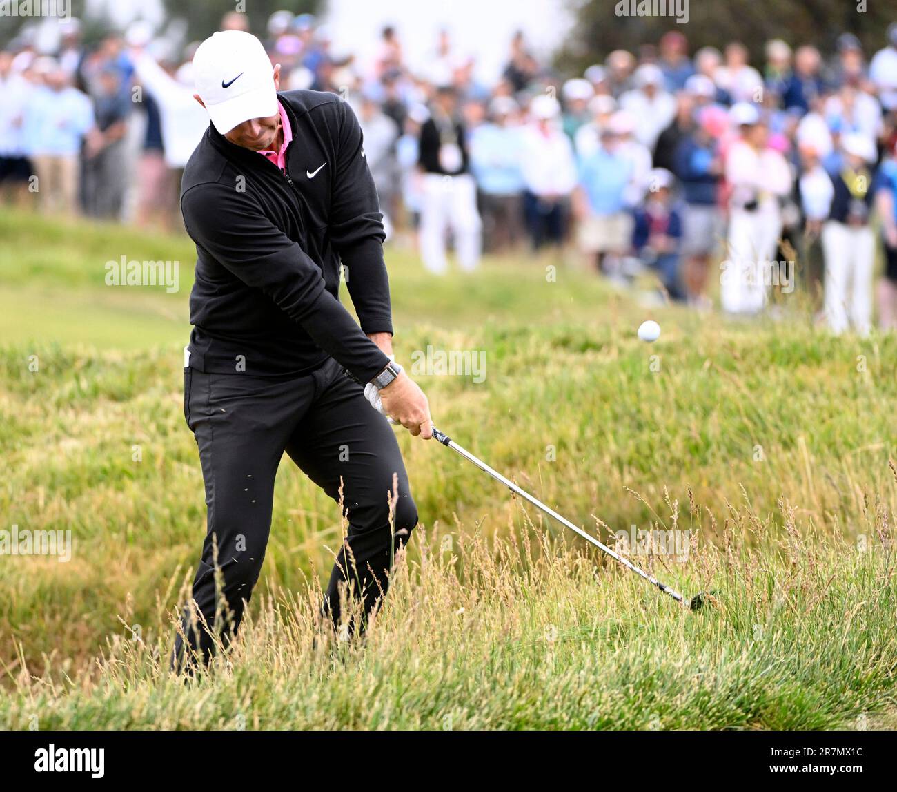 Los Angeles, United States. 16th June, 2023. Rory McElroy of Northern Ireland chips out of the rough on the 11th hole during the second round of the 2023 U.S. Open at the Los Angeles Country Club in Los Angeles on Friday, June 16, 2023. Photo by Alex Gallardo/UPI Credit: UPI/Alamy Live News Stock Photo