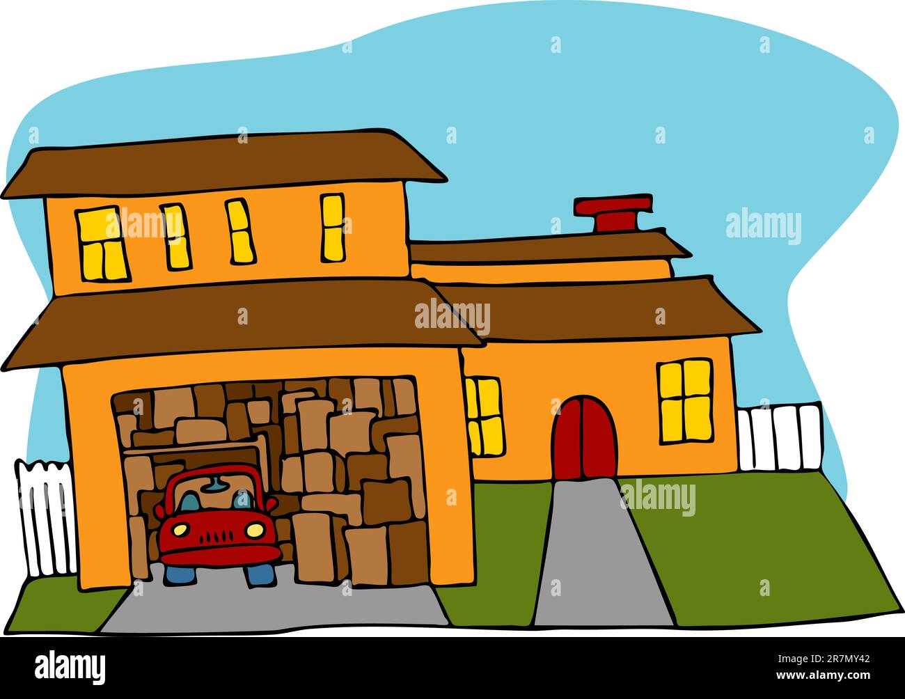 An image of a garage crowded with boxes and a car. Stock Vector