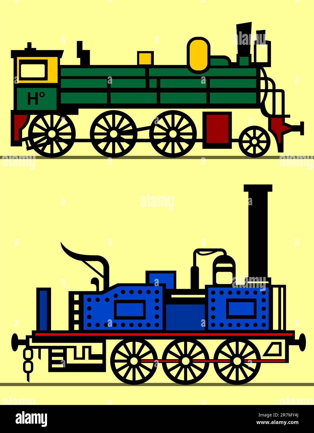 Steam locomotives on yellow background Stock Vector