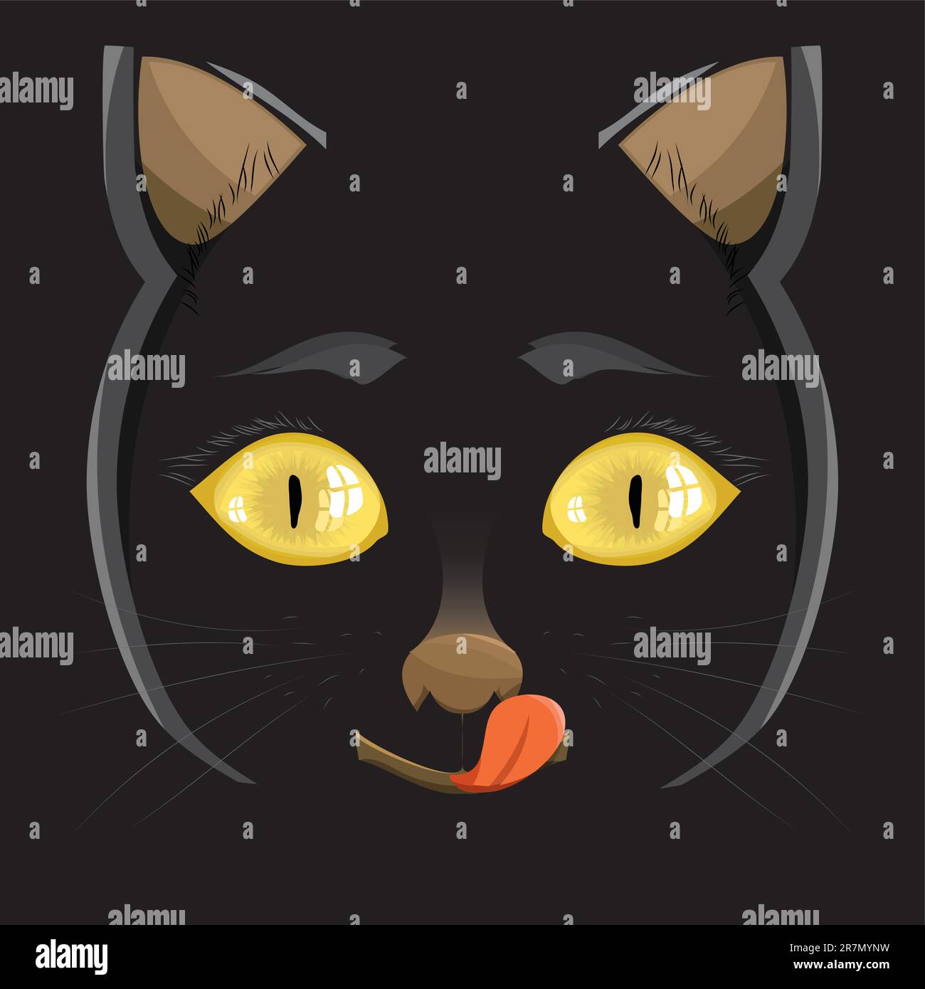 Vector illustration. head of a black cat with yellow eyes on a black ...