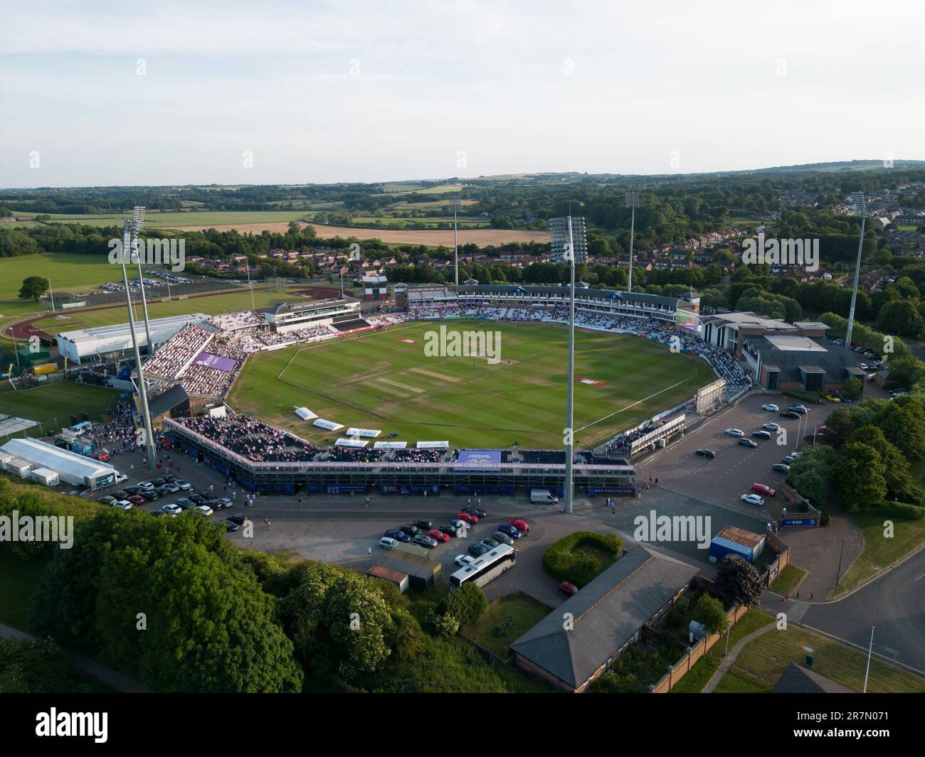 Chester le Street, 16 June 2023. Aerial view of the Seat Unique Riverside stadium during the interval in a Vitality Blast match between Durham Cricket and Derbyshire Falcons. Credit: Colin Edwards/Alamy Live News Stock Photo