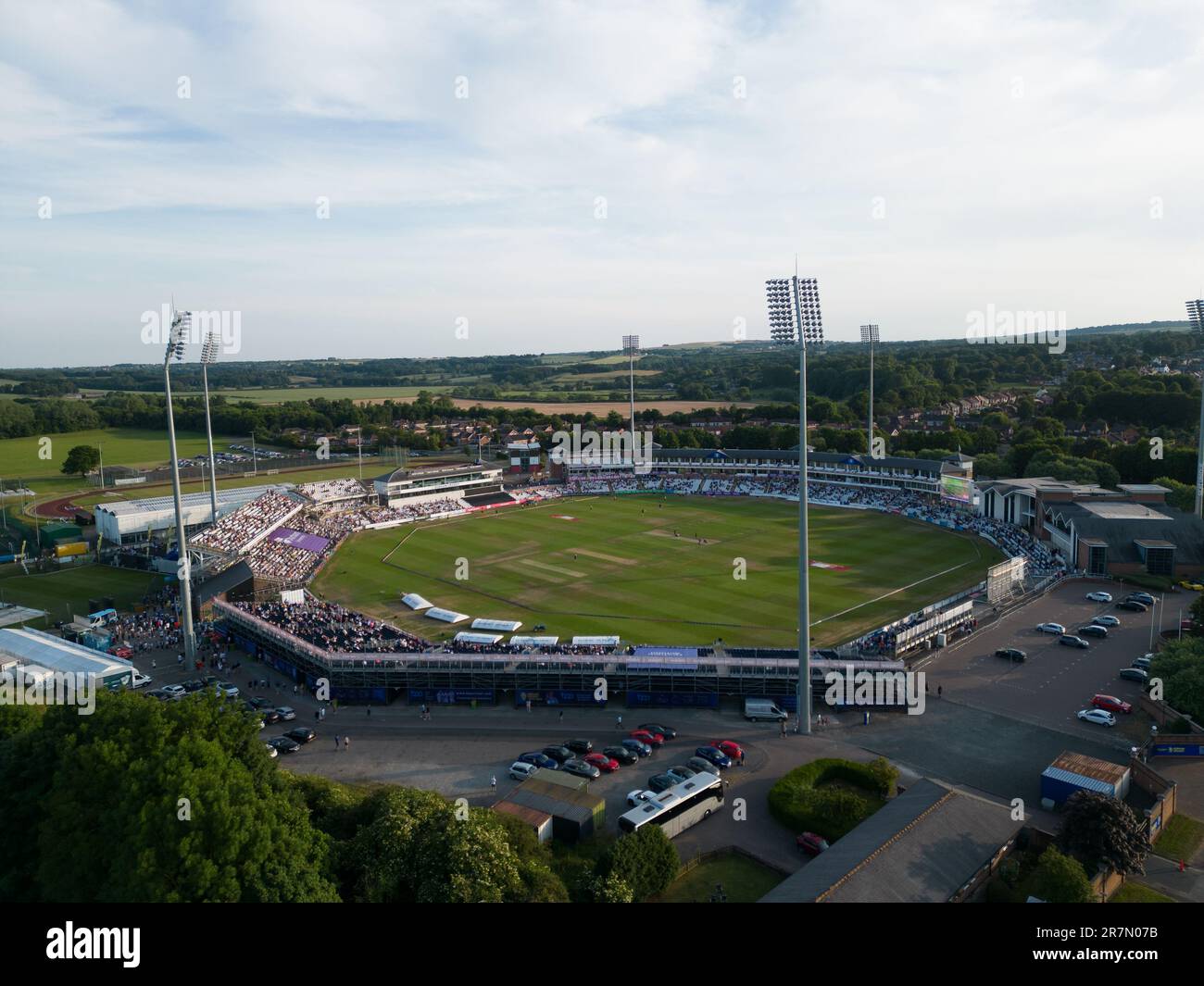 Chester le Street, 16 June 2023. Aerial view of the Seat Unique Riverside stadium during the interval in a Vitality Blast match between Durham Cricket and Derbyshire Falcons. Credit: Colin Edwards/Alamy Live News Stock Photo