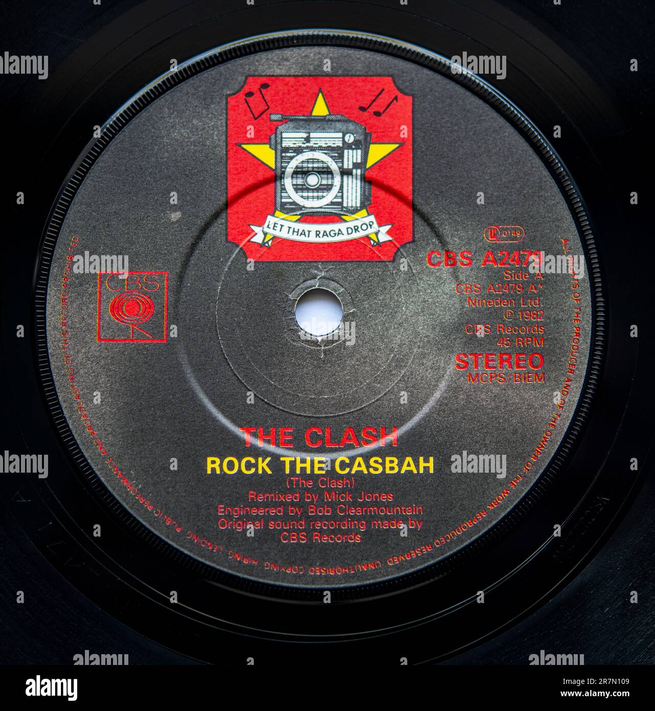 Centre label of the seven inch single version of Rock the Casbah by The Clash, which was