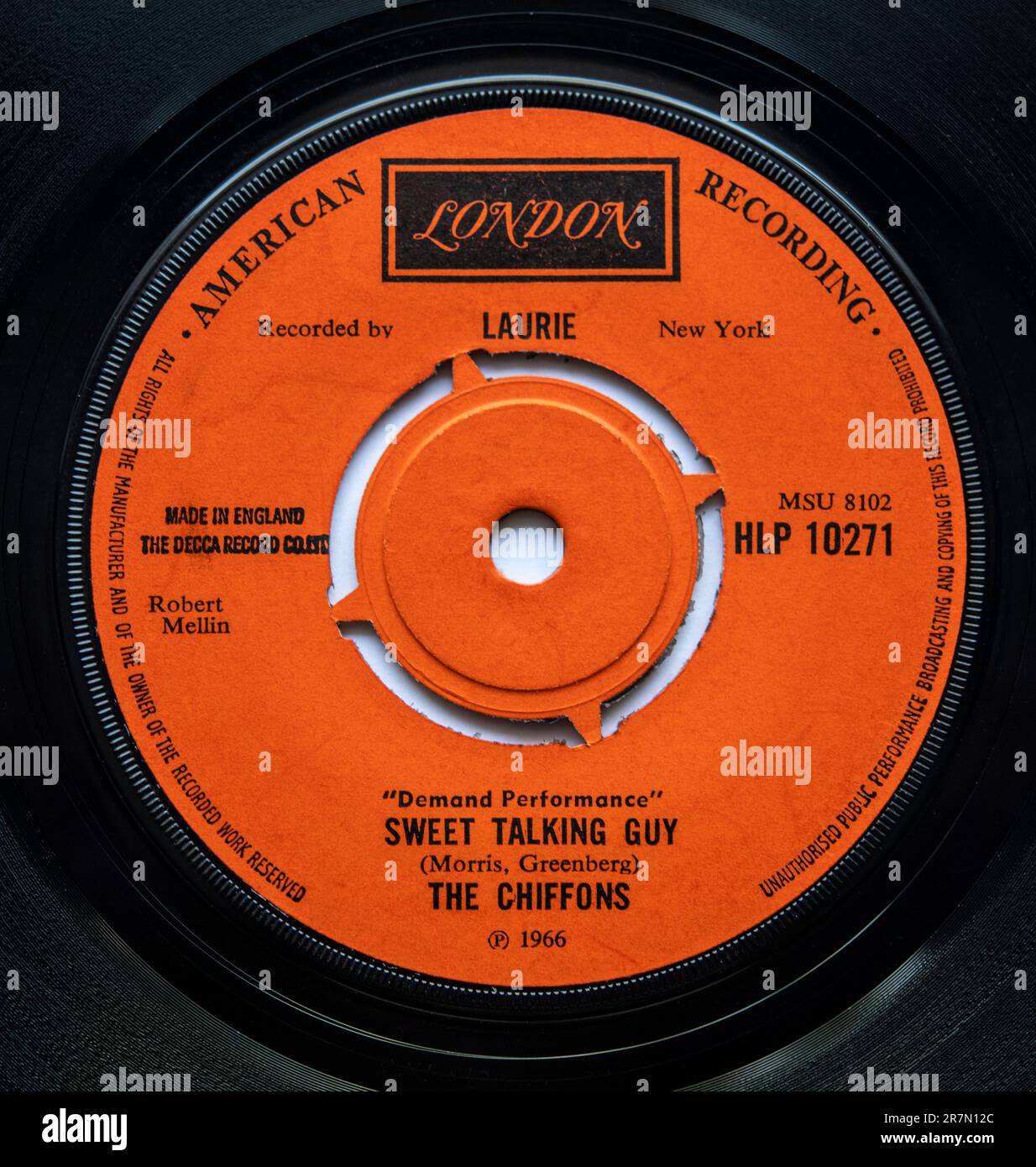 Centre label of the seven inch single version of Sweet Talking Guy by The Chiffons, which was released in 1966 Stock Photo