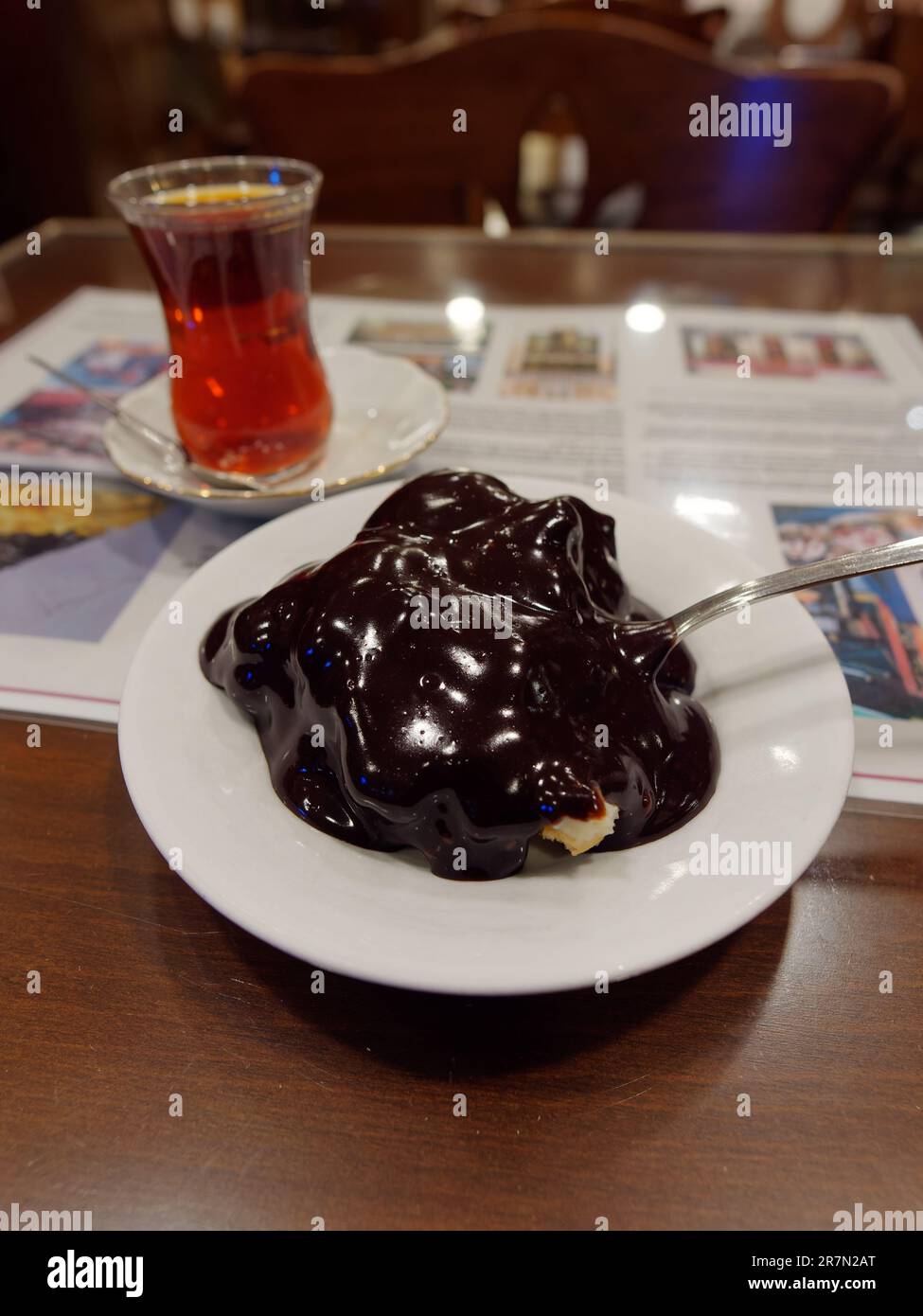 Profiteroles and Turkish Tea in a cafe in Istanbul, Turkey Stock Photo