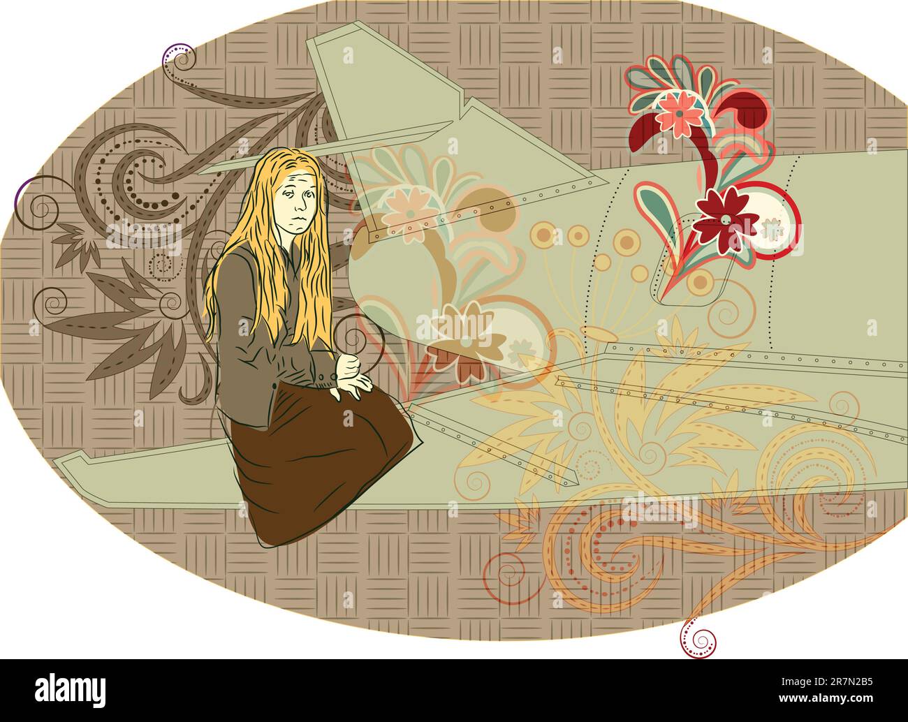 vector grunge girl on airplane wing, eps10, clipping mask Stock Vector