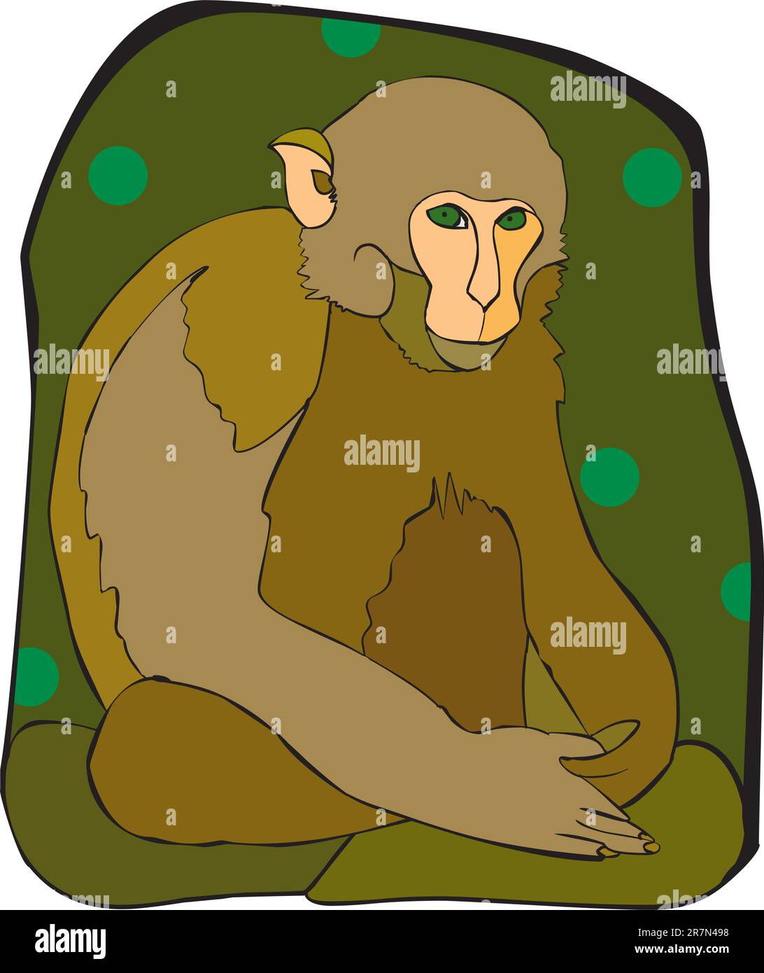 Brown sedentary monkey on a green background Stock Vector