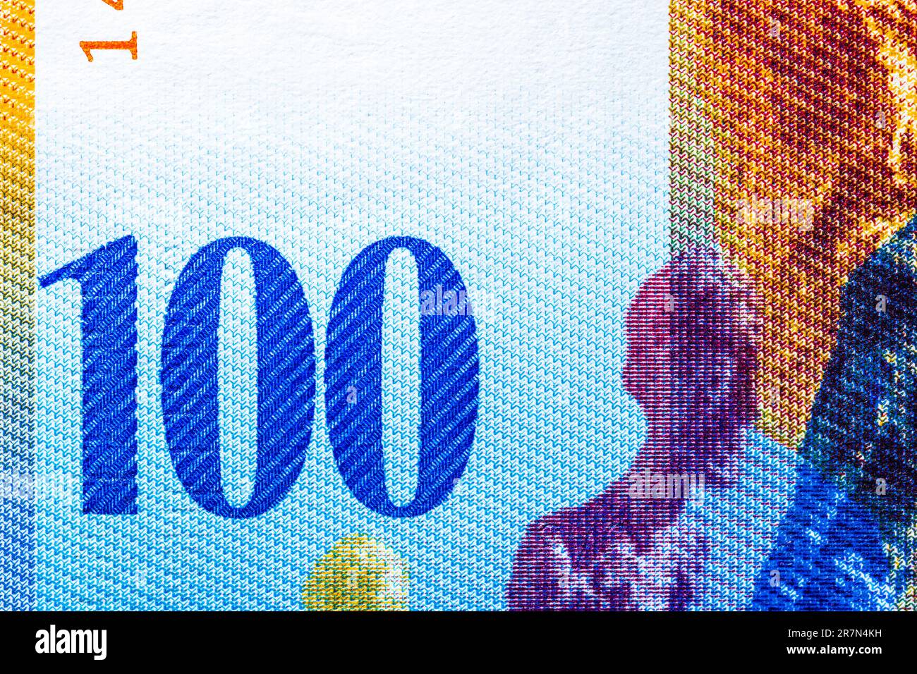 Selective focus on detail of CHF banknotes. Close up macro detail of ...