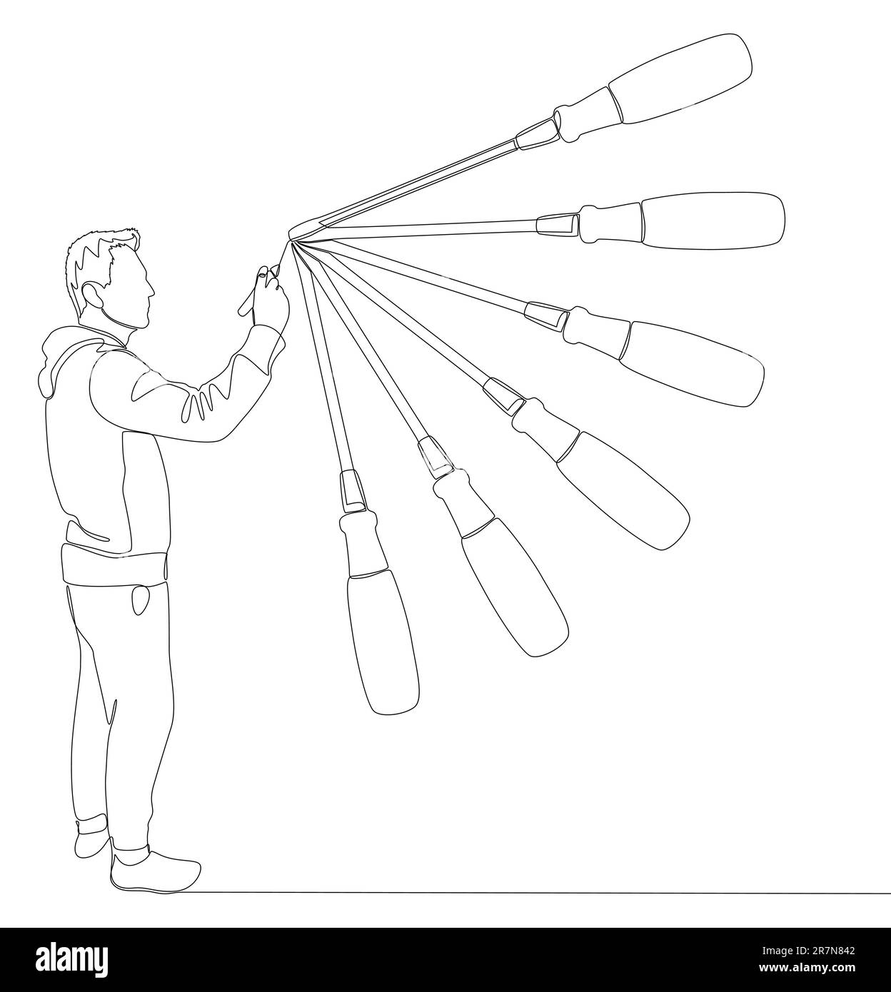 One continuous line of Man pointing with finger at Screwdriver. Thin Line Repair, Carpentry Illustration vector concept. Contour Drawing Creative idea Stock Vector