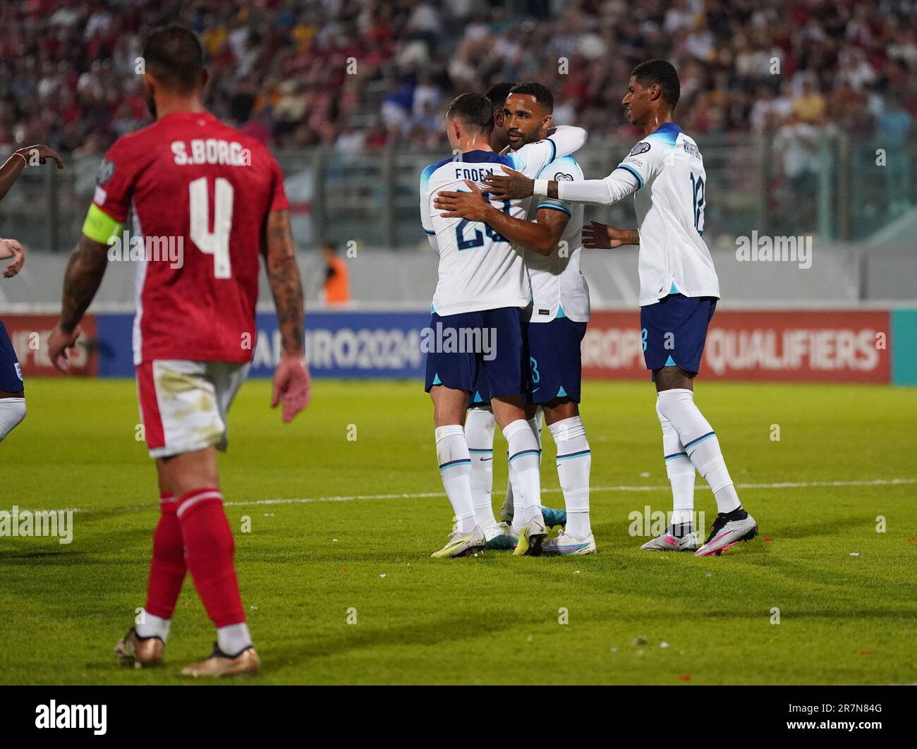 England's Callum Wilson (second right) celebrates with team-mates after scoring their side's fourth goal of the game from the penalty spot during the UEFA Euro 2024 Qualifying Group C match at the National Stadium Ta'Qali, Attard. Picture date: Friday June 16, 2023. Stock Photo