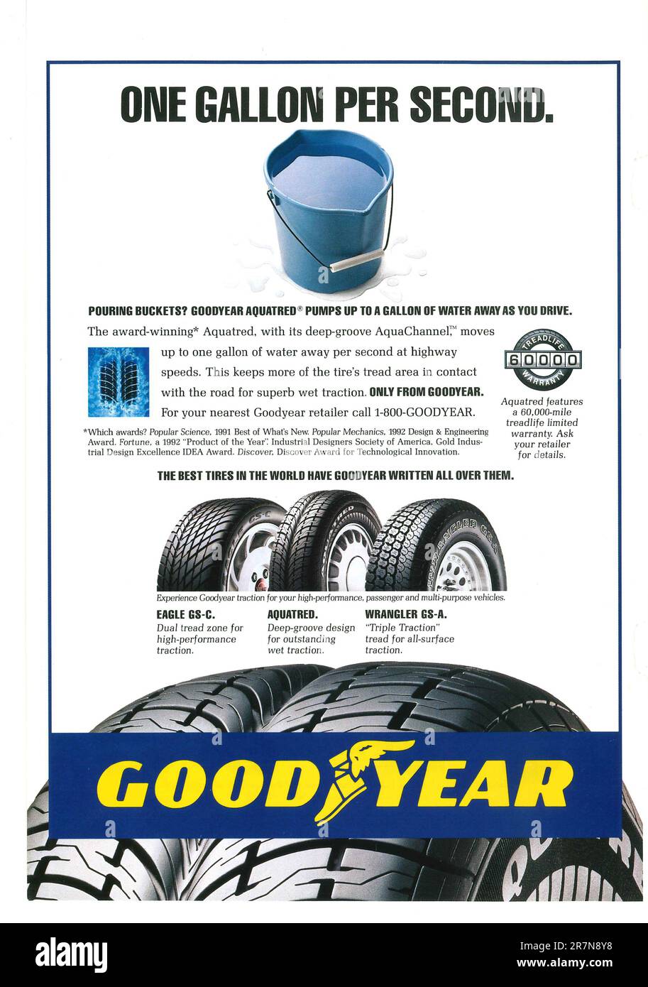 Goodyear tire advert in a magazine 1993. Goodyear Eagle, Aquatred, Wrangler tires advertising. One Gallon Per Second campaign Stock Photo