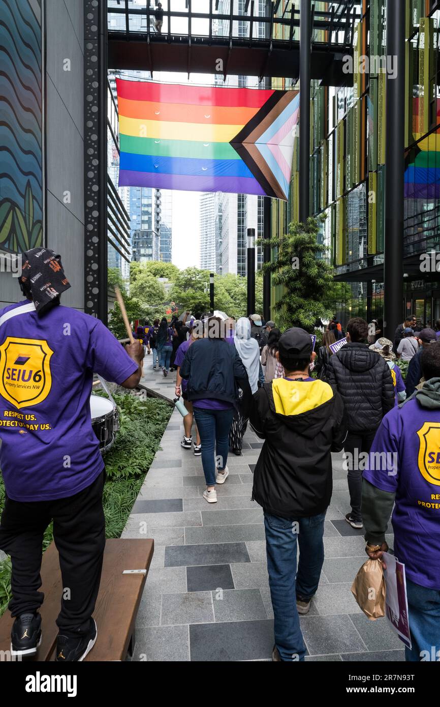 Seattle, USA. 16 Jun, 2023. Midday SEIU6 Janitors Union marches