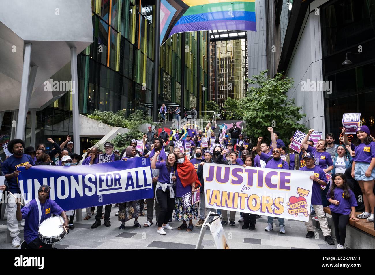 Seattle, USA. 16 Jun, 2023. Mid-day SEIU6 Janitors Union marches through the city to protest at the Amazon Campus. Workers around the country are calling for more help and higher pay as corporate profits rise and inflation hits workers further eating away at their paychecks. James Anderson/Alamy Live News Stock Photo