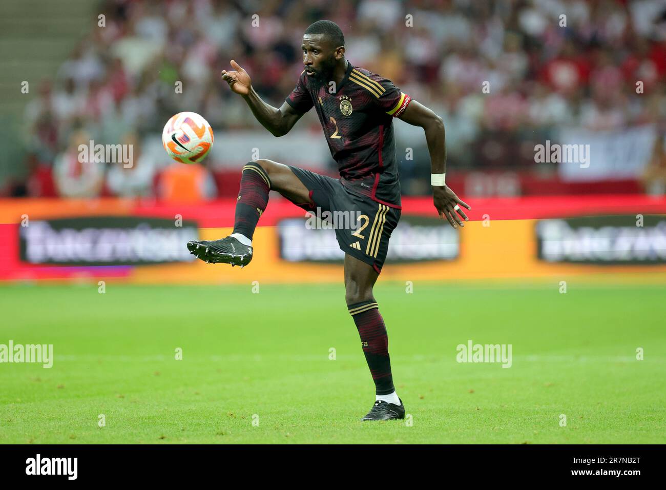 Warschau, Poland. 16th June, 2023. Soccer: Internationals, Poland -  Germany, National Stadium. Germany's Antonio Rüdiger on the ball. IMPORTANT  NOTE: In accordance with the requirements of the DFL Deutsche Fußball Liga  and
