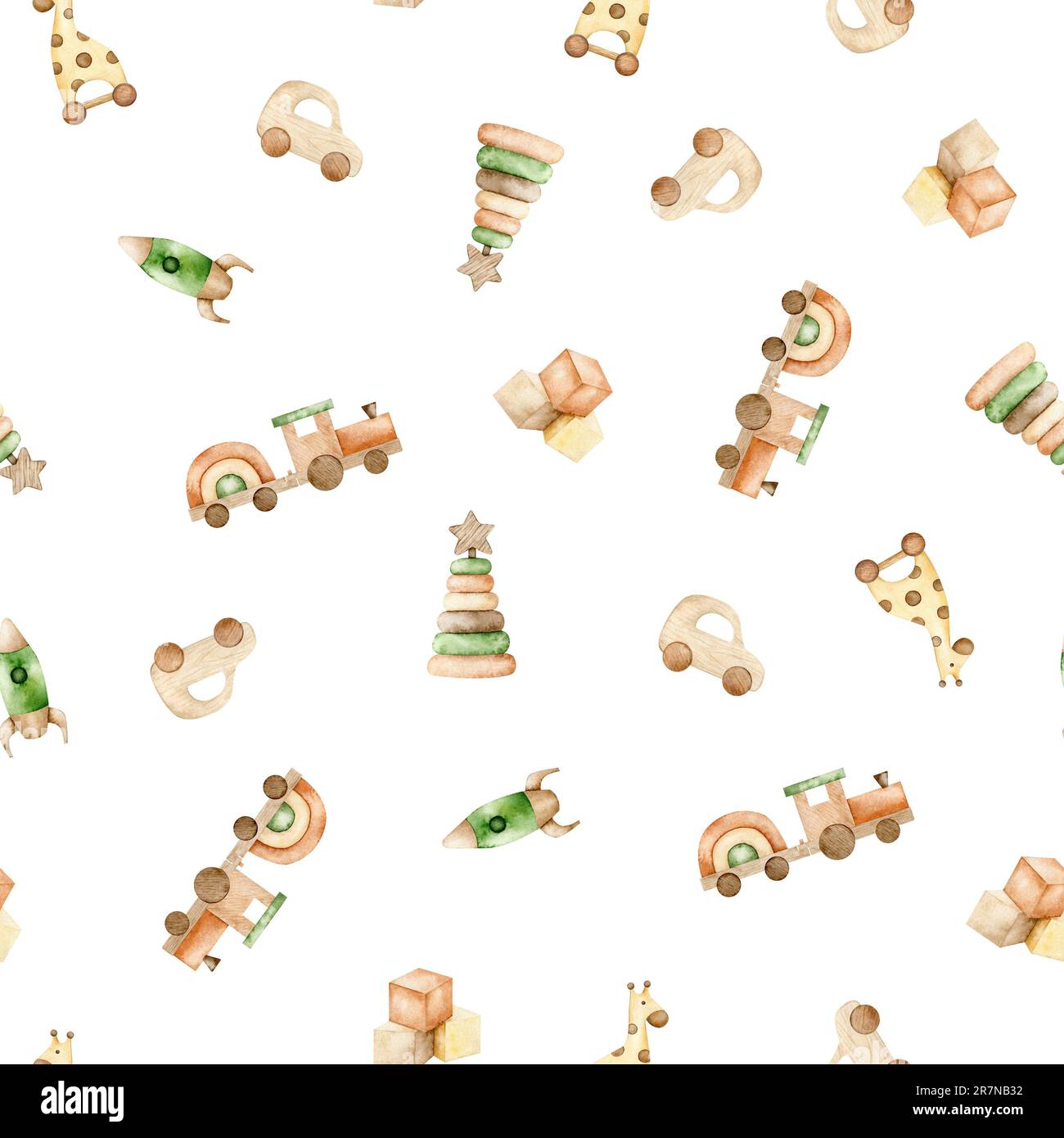 Baby toys seamless pattern. Wooden car, cubes, train, rocket, giraffe on wheels and pyramid in Scandinavian style, Cute repeated background. Hand Stock Photo