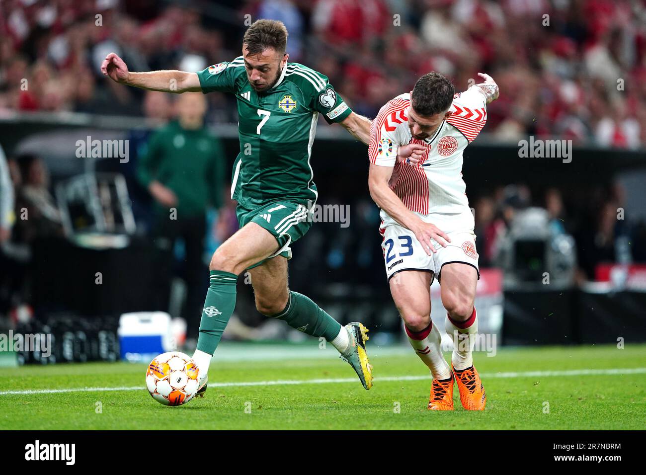 Northern Ireland's Conor McMenamin (left) and Denmark's Pierre Hojbjerg ...