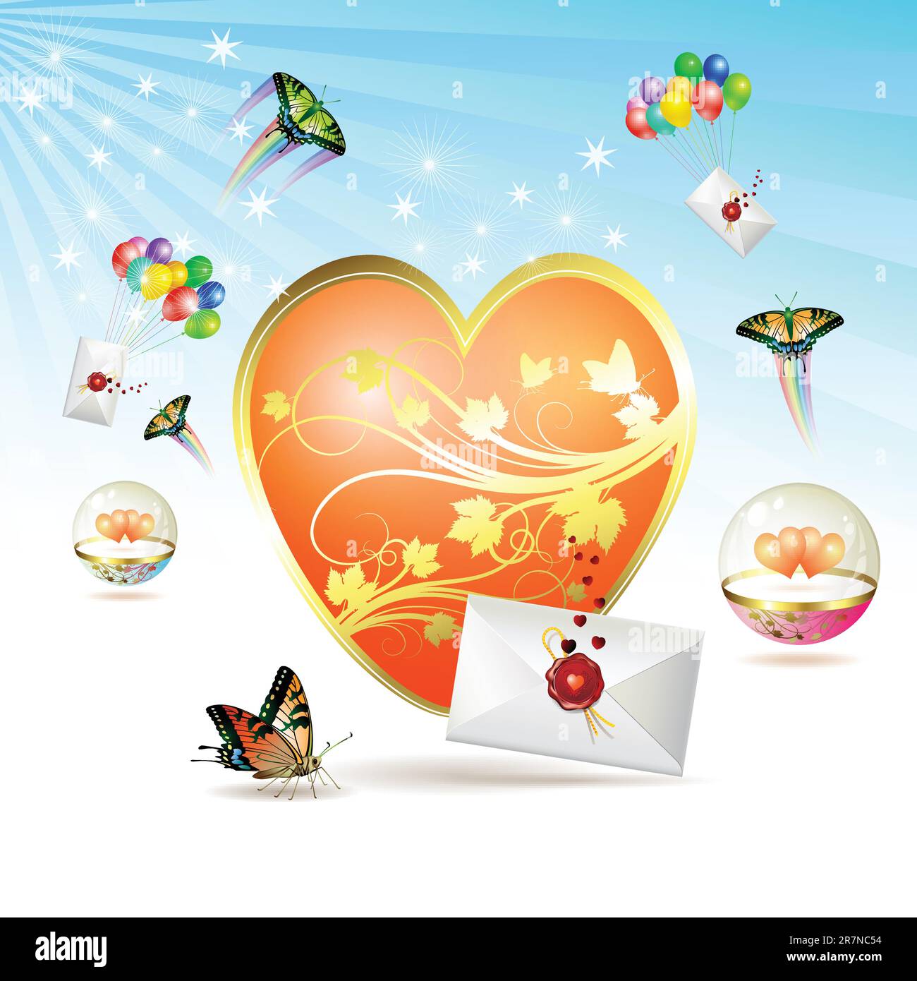 Big heart envelopes raised by balloons and butterfly vector