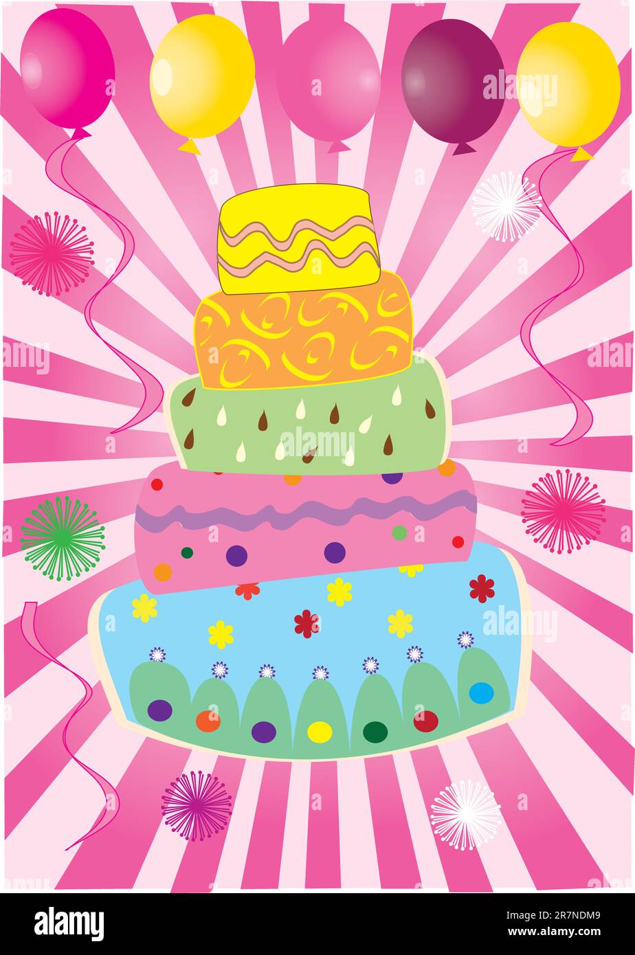 vector illustration of a birthday cake with balloons and sunburst Stock ...