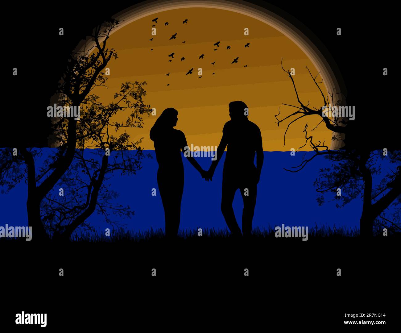 Couple in a park at sunset. Vector illustration Stock Vector Image ...