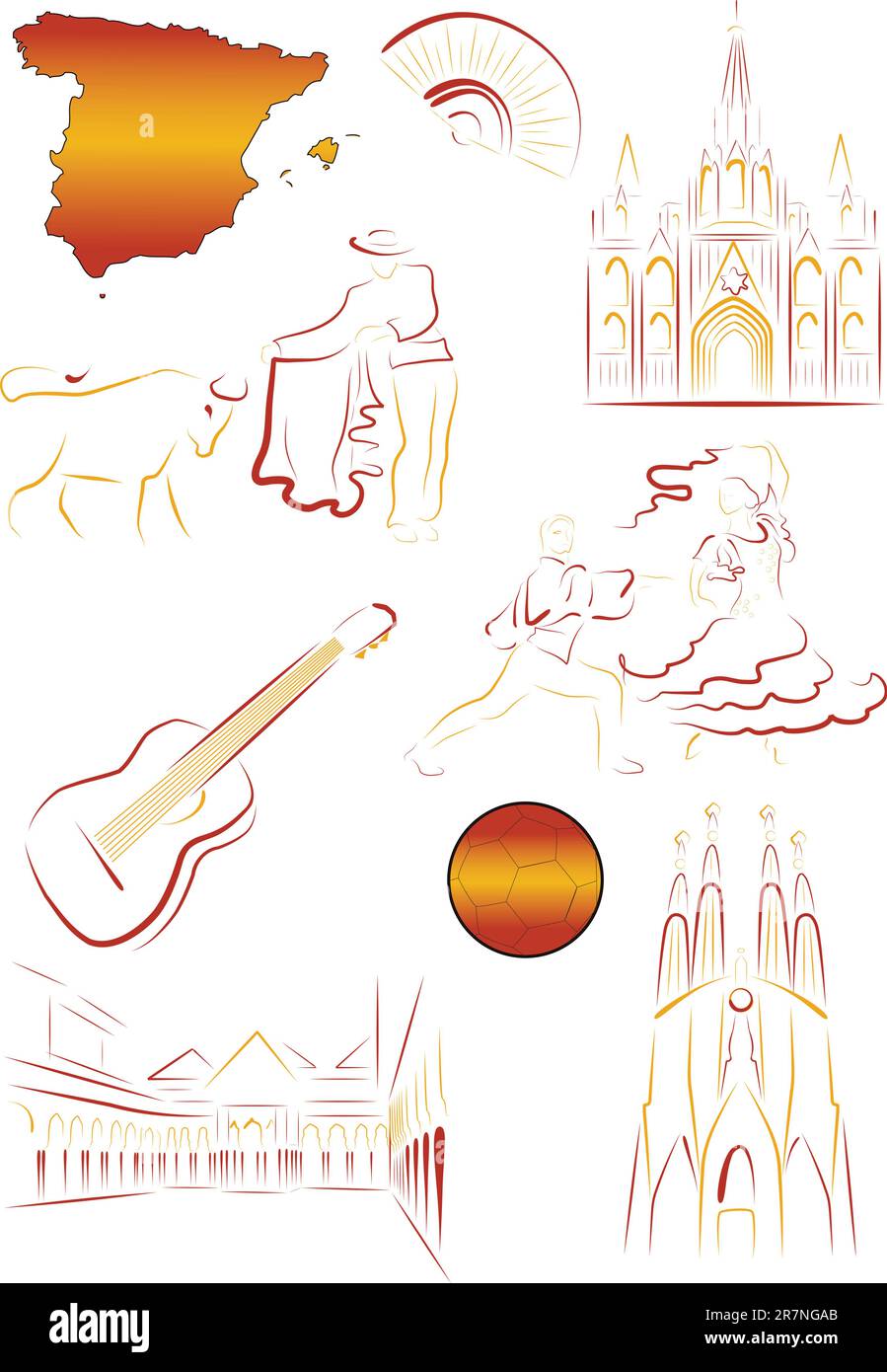 Set of vector drawn stylized sights and symbols of Spain Stock Vector